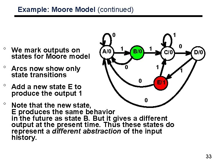 Example: Moore Model (continued) 0 ° We mark outputs on states for Moore model