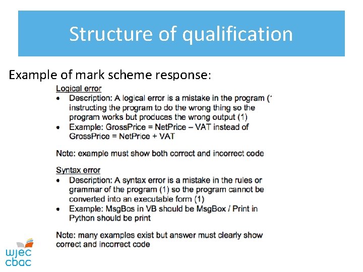 Structure of qualification Example of mark scheme response: 