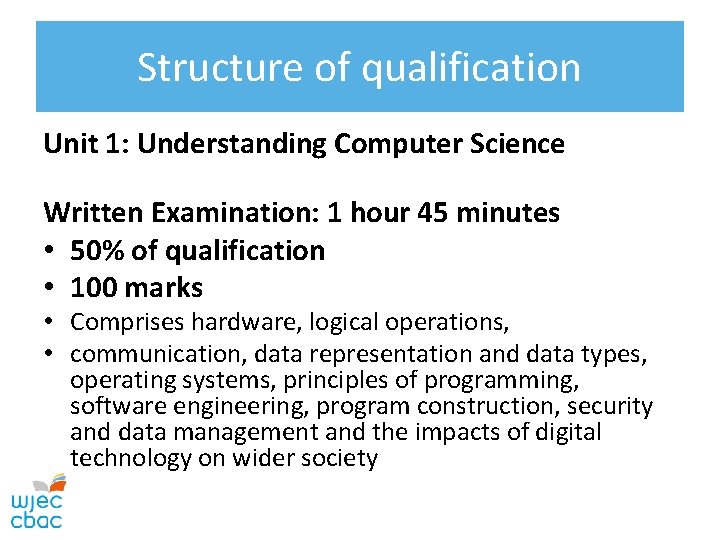 Structure of qualification Unit 1: Understanding Computer Science Written Examination: 1 hour 45 minutes