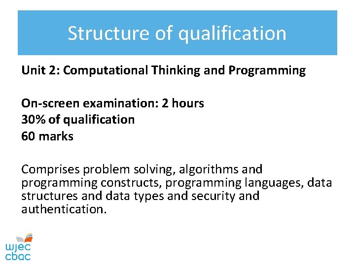 Structure of qualification Unit 2: Computational Thinking and Programming On-screen examination: 2 hours 30%