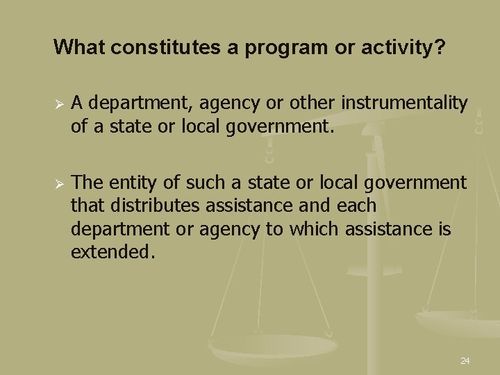 What constitutes a program or activity? Ø Ø A department, agency or other instrumentality