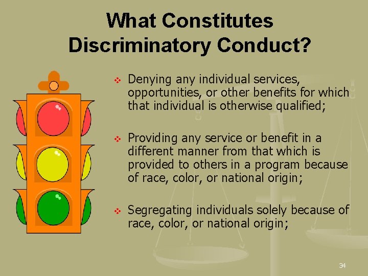 What Constitutes Discriminatory Conduct? v v v Denying any individual services, opportunities, or other