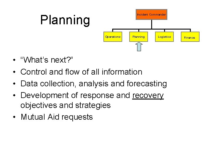 Planning Incident Commander Operations • • Planning Logistics “What’s next? ” Control and flow