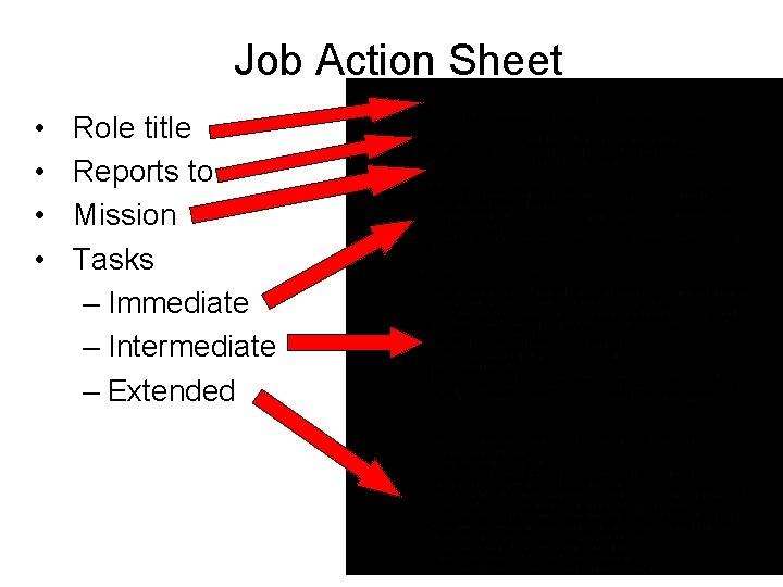 Job Action Sheet • • Role title Reports to Mission Tasks – Immediate –