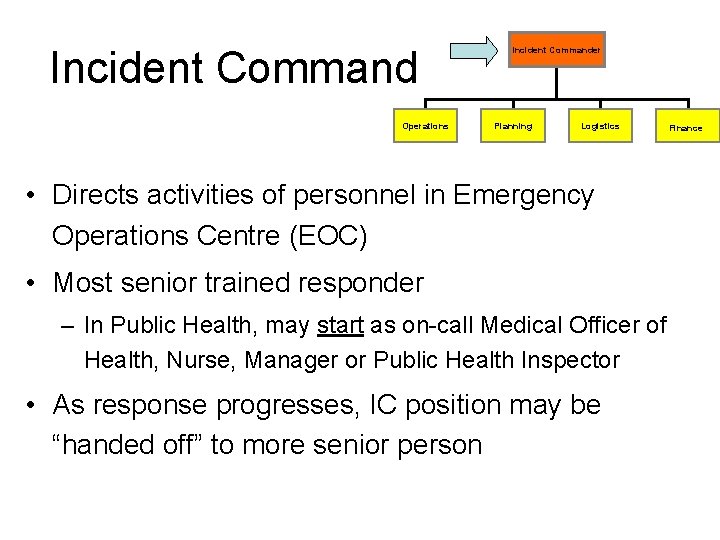 Incident Command Operations Incident Commander Planning Logistics • Directs activities of personnel in Emergency