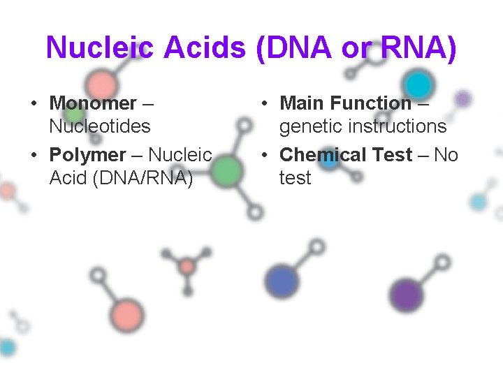 Nucleic Acids (DNA or RNA) • Monomer – Nucleotides • Polymer – Nucleic Acid