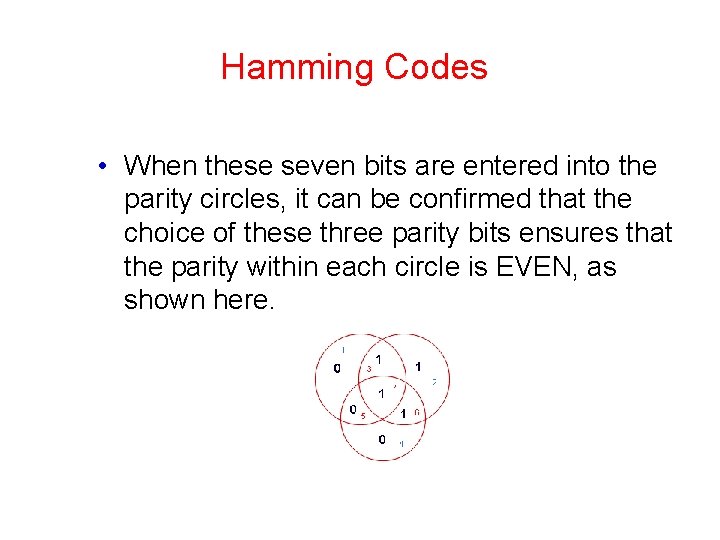 Hamming Codes • When these seven bits are entered into the parity circles, it