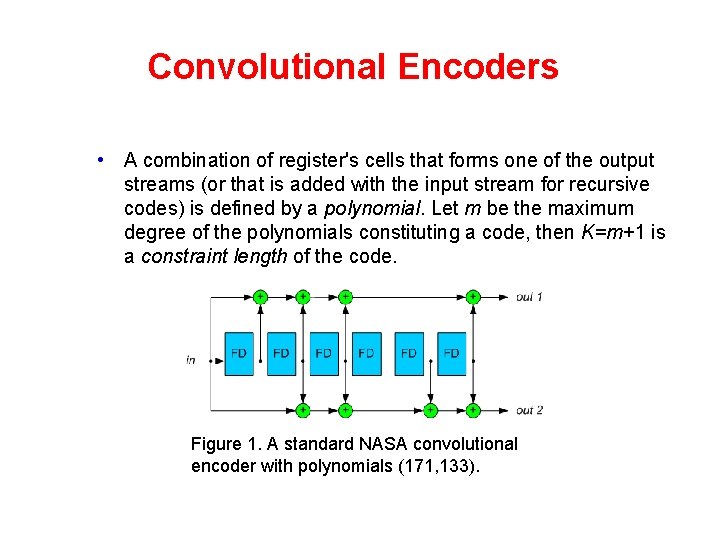 Convolutional Encoders • A combination of register's cells that forms one of the output Convolutional Encoders • A combination of register's cells that forms one of the output