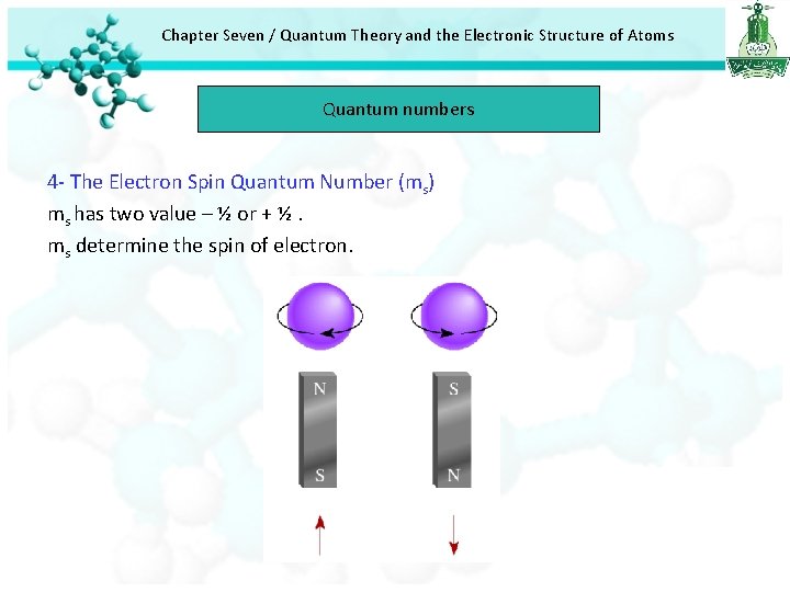Chapter Seven / Quantum Theory and the Electronic Structure of Atoms Quantum numbers 4 Chapter Seven / Quantum Theory and the Electronic Structure of Atoms Quantum numbers 4