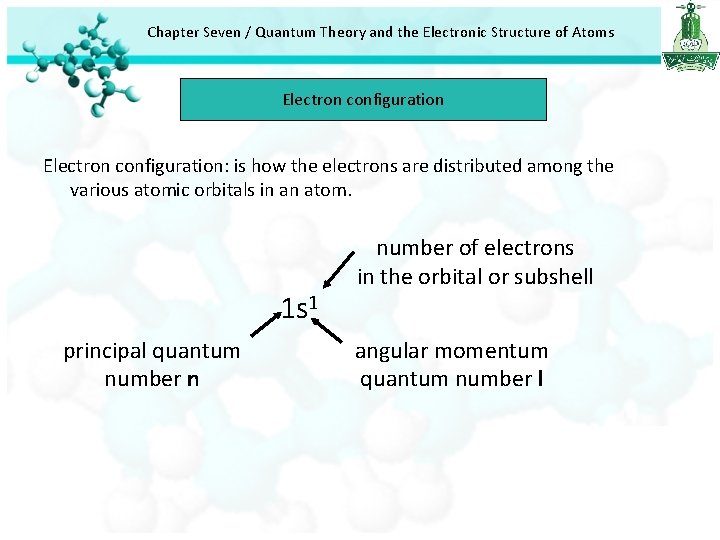 Chapter Seven / Quantum Theory and the Electronic Structure of Atoms Electron configuration: is Chapter Seven / Quantum Theory and the Electronic Structure of Atoms Electron configuration: is