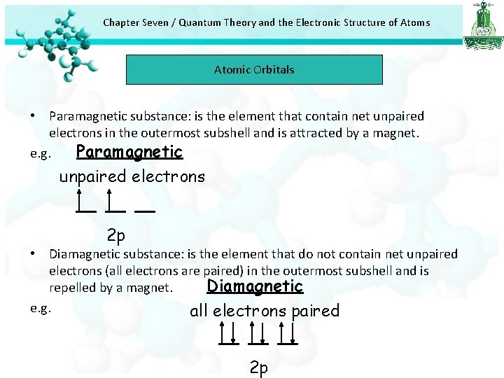 Chapter Seven / Quantum Theory and the Electronic Structure of Atoms Atomic Orbitals • Chapter Seven / Quantum Theory and the Electronic Structure of Atoms Atomic Orbitals •
