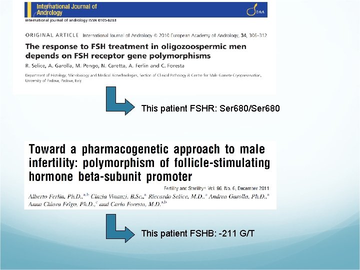 This patient FSHR: Ser 680/Ser 680 This patient FSHB: -211 G/T 