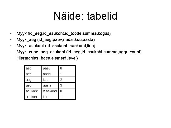 Näide: tabelid • • • Myyk (id_aeg, id_asukoht, id_toode, summa, kogus) Myyk_aeg (id_aeg, paev,