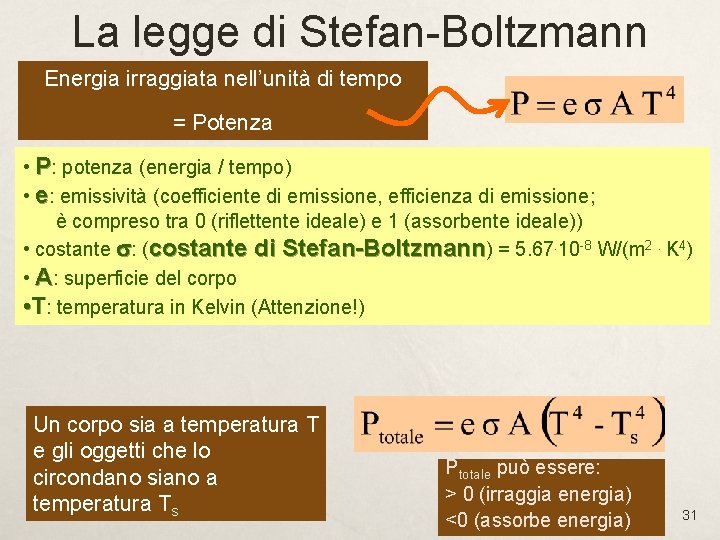 La legge di Stefan-Boltzmann Energia irraggiata nell’unità di tempo = Potenza • P: potenza