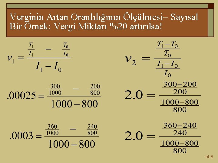 Verginin Artan Oranlılığının Ölçülmesi– Sayısal Bir Örnek: Vergi Miktarı %20 artırılsa! 14 -8 
