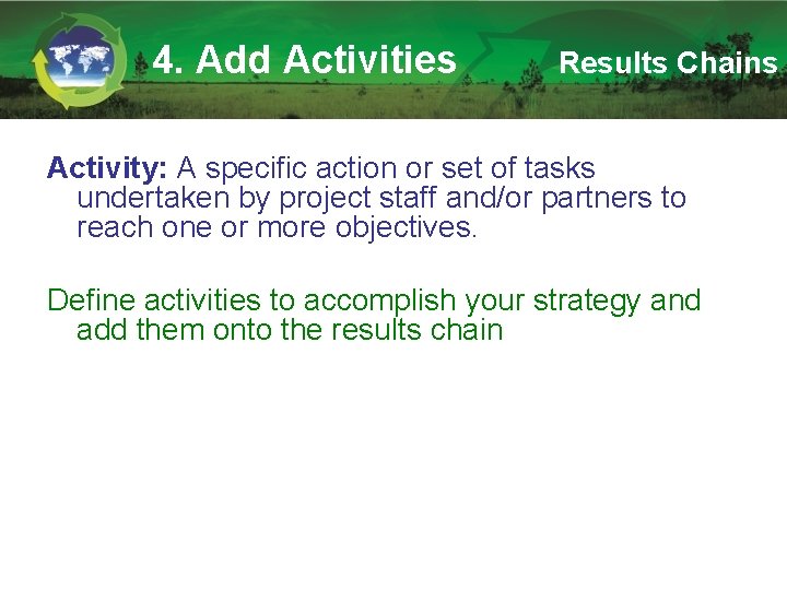 4. Add Activities Results Chains Activity: A specific action or set of tasks undertaken
