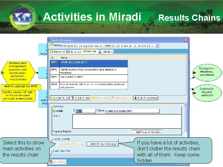 Activities in Miradi Select this to show main activities on the results chain Results