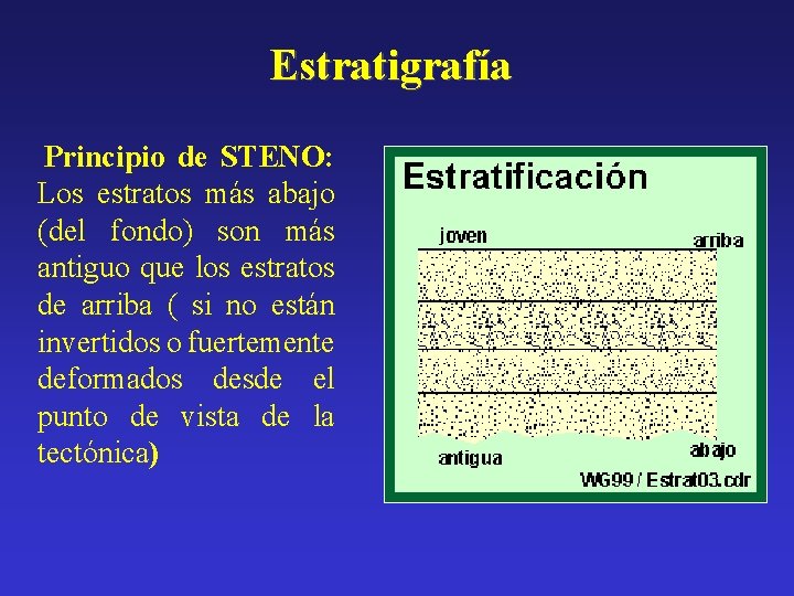 Estratigrafía Principio de STENO: Los estratos más abajo (del fondo) son más antiguo que