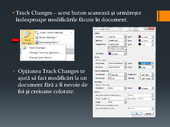  • Track Changes – acest buton scanează și urmărește îndeaproape modificările făcute în