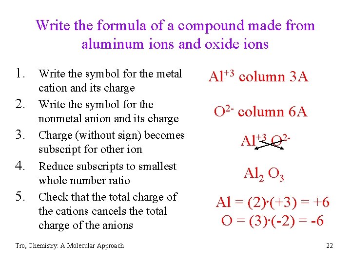Write the formula of a compound made from aluminum ions and oxide ions 1.