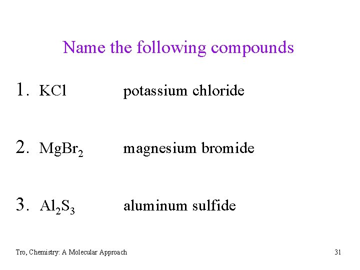 Name the following compounds 1. KCl potassium chloride 2. Mg. Br 2 magnesium bromide