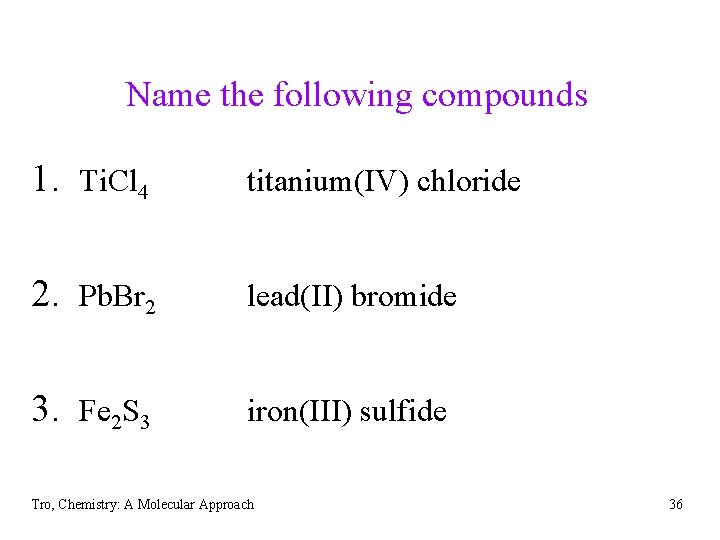 Name the following compounds 1. Ti. Cl 4 titanium(IV) chloride 2. Pb. Br 2