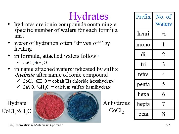 Hydrates • hydrates are ionic compounds containing a • • specific number of waters