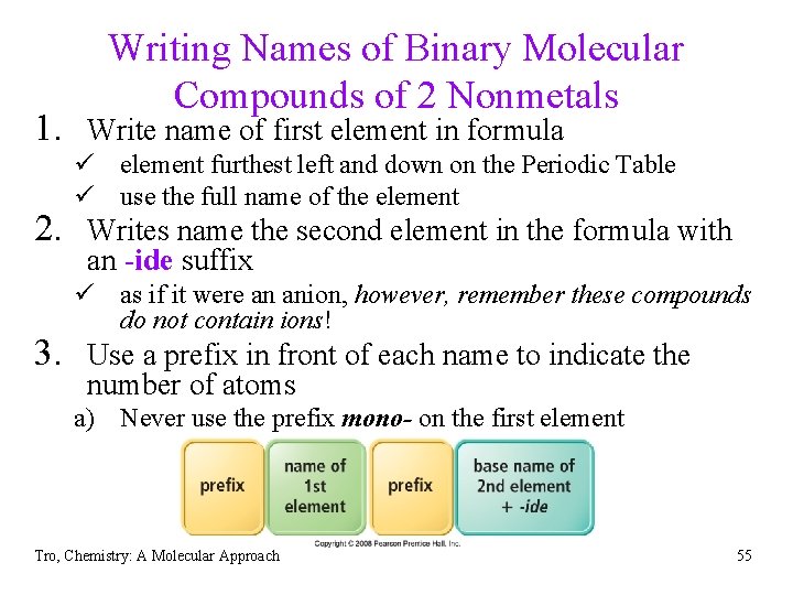Writing Names of Binary Molecular Compounds of 2 Nonmetals 1. Write name of first