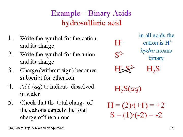 Example – Binary Acids hydrosulfuric acid 1. Write the symbol for the cation 2.