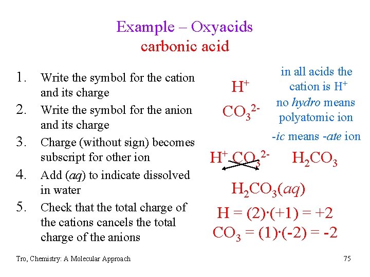 Example – Oxyacids carbonic acid 1. Write the symbol for the cation 2. 3.