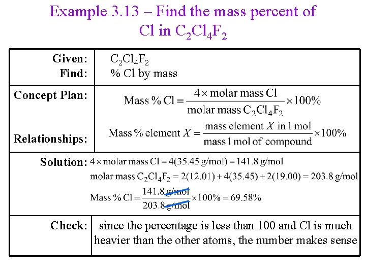 Example 3. 13 – Find the mass percent of Cl in C 2 Cl