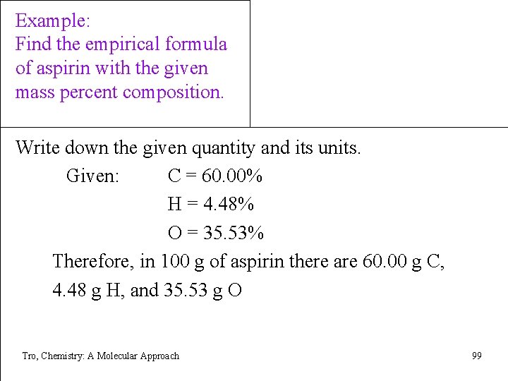 Example: Find the empirical formula of aspirin with the given mass percent composition. Write