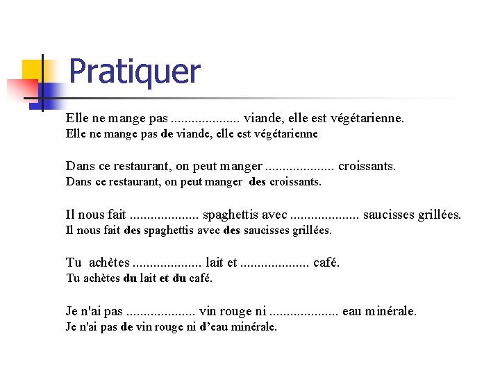 Pratiquer Elle ne mange pas. . . . . viande, elle est végétarienne. Elle