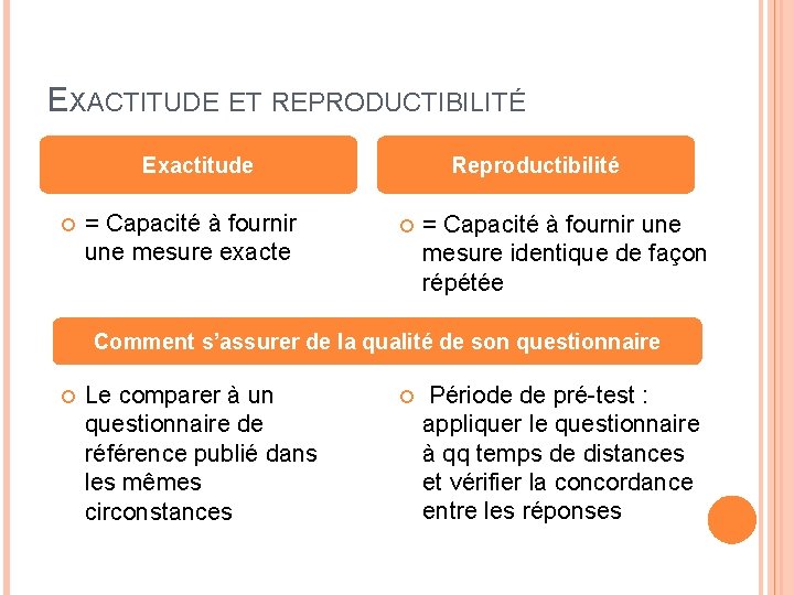 EXACTITUDE ET REPRODUCTIBILITÉ Exactitude = Capacité à fournir une mesure exacte Reproductibilité = Capacité