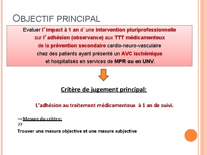 OBJECTIF PRINCIPAL Evaluer l’impact à 1 an d’une intervention pluriprofessionnelle sur l’adhésion (observance) aux