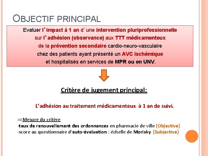 OBJECTIF PRINCIPAL Evaluer l’impact à 1 an d’une intervention pluriprofessionnelle sur l’adhésion (observance) aux