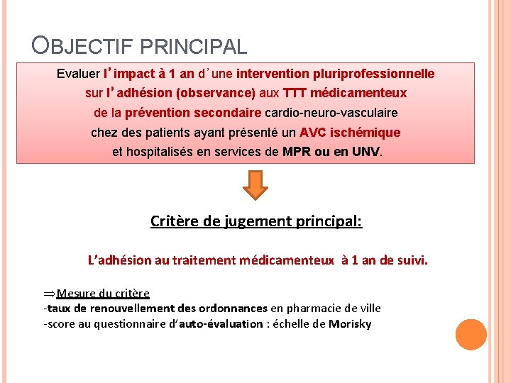 OBJECTIF PRINCIPAL Evaluer l’impact à 1 an d’une intervention pluriprofessionnelle sur l’adhésion (observance) aux