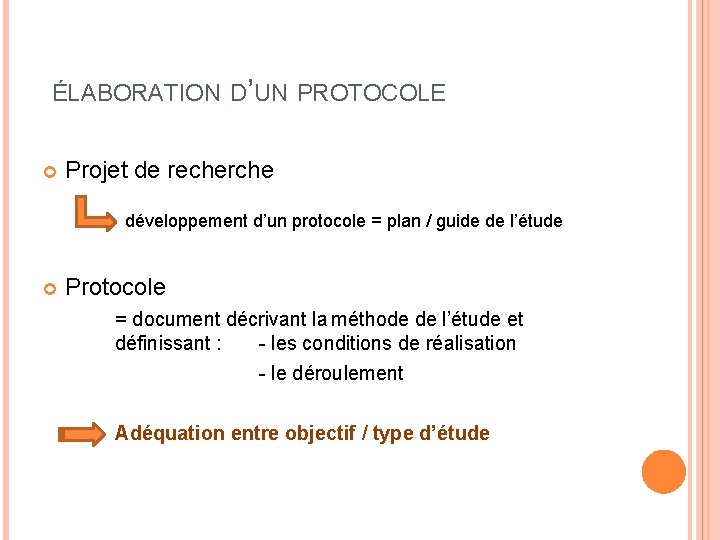  ÉLABORATION D’UN PROTOCOLE Projet de recherche développement d’un protocole = plan / guide