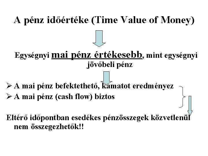 A pénz időértéke (Time Value of Money) Egységnyi mai pénz értékesebb, mint egységnyi jövőbeli A pénz időértéke (Time Value of Money) Egységnyi mai pénz értékesebb, mint egységnyi jövőbeli