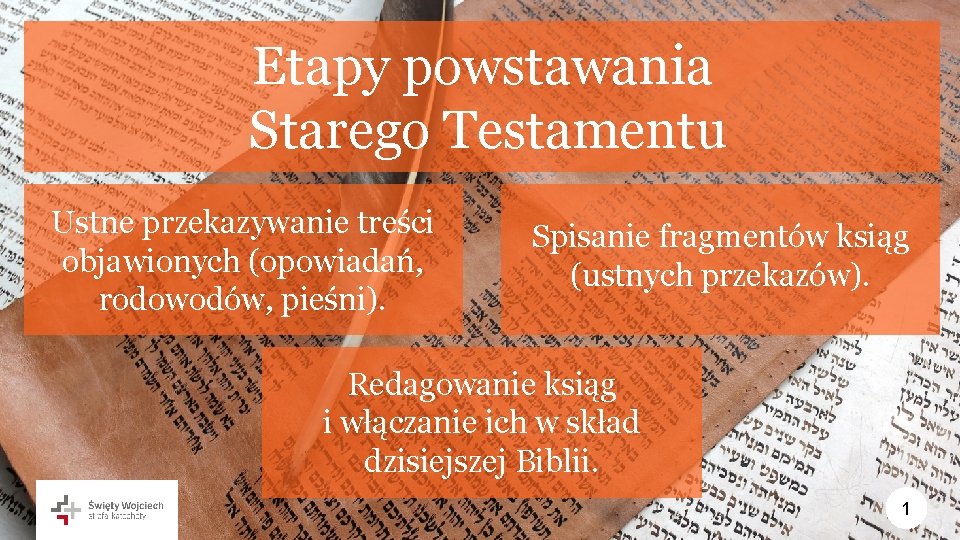 Etapy powstawania Starego Testamentu Ustne przekazywanie treści objawionych (opowiadań, rodowodów, pieśni). Spisanie fragmentów ksiąg