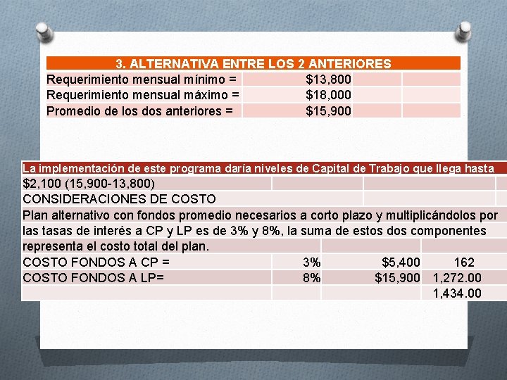 3. ALTERNATIVA ENTRE LOS 2 ANTERIORES Requerimiento mensual mínimo = $13, 800 Requerimiento mensual