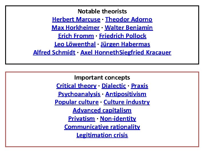 Notable theorists Herbert Marcuse · Theodor Adorno Max Horkheimer · Walter Benjamin Erich Fromm