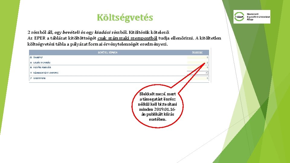 Költségvetés 2 részből áll, egy bevételi és egy kiadási részből. Kitöltésük kötelező! Az EPER