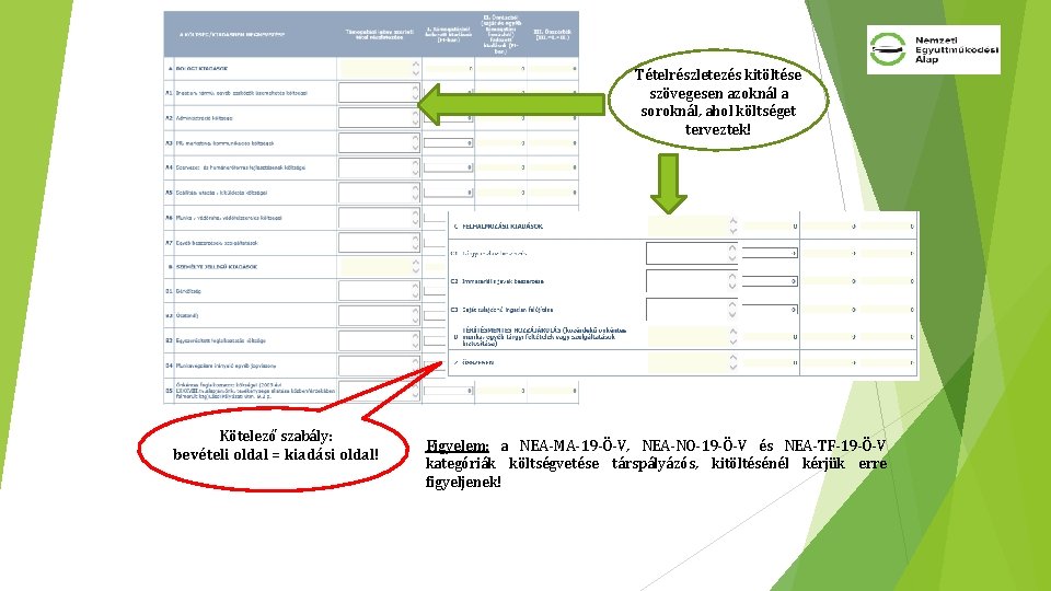 Tételrészletezés kitöltése szövegesen azoknál a soroknál, ahol költséget terveztek! Kötelező szabály: bevételi oldal =