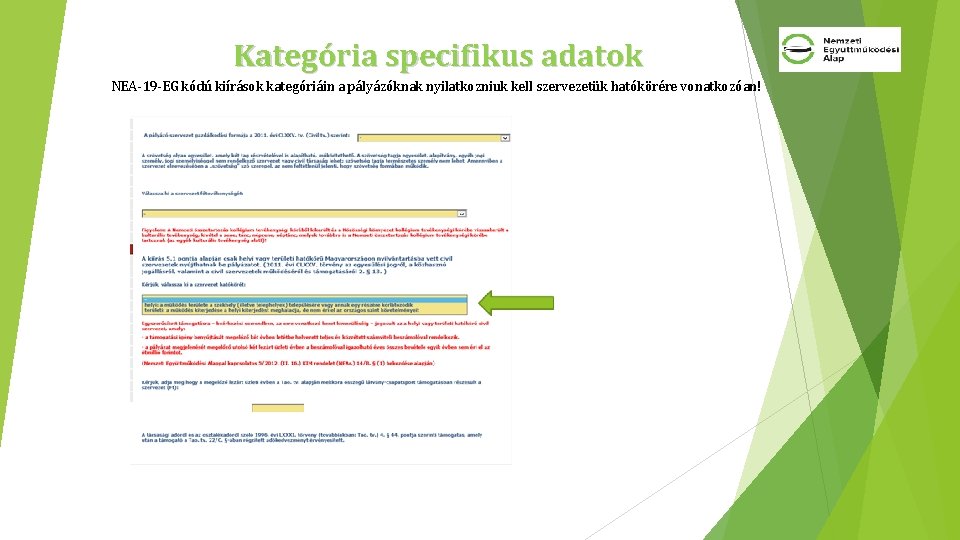 Kategória specifikus adatok NEA-19 -EG kódú kiírások kategóriáin a pályázóknak nyilatkozniuk kell szervezetük hatókörére