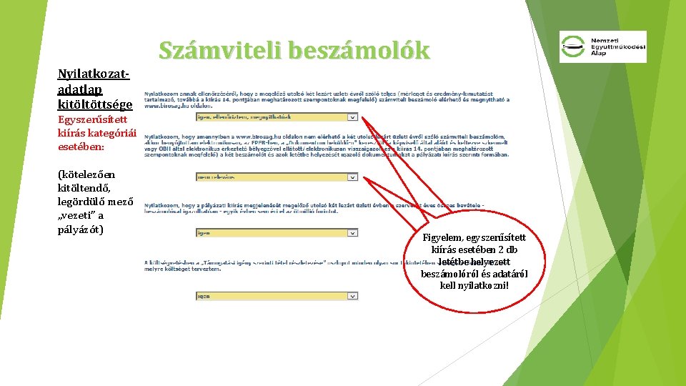 Számviteli beszámolók Nyilatkozatadatlap kitöltöttsége Egyszerűsített kiírás kategóriái esetében: (kötelezően kitöltendő, legördülő mező „vezeti” a