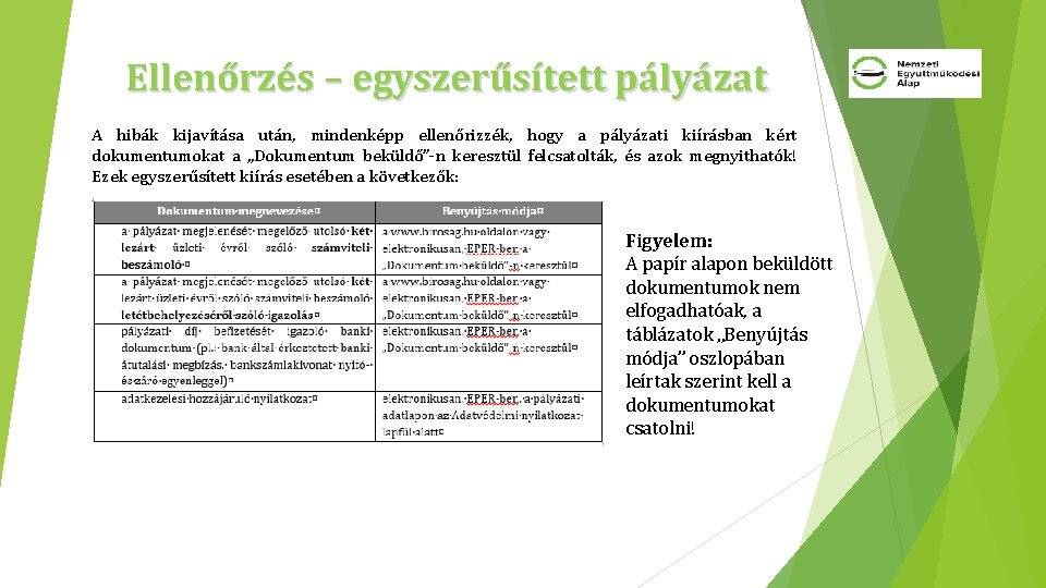 Ellenőrzés – egyszerűsített pályázat A hibák kijavítása után, mindenképp ellenőrizzék, hogy a pályázati kiírásban