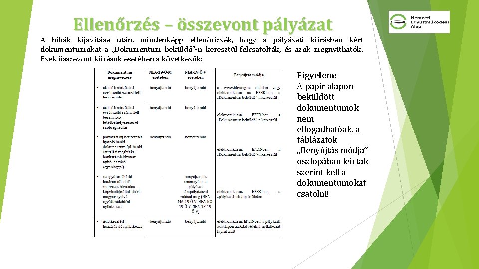 Ellenőrzés – összevont pályázat A hibák kijavítása után, mindenképp ellenőrizzék, hogy a pályázati kiírásban