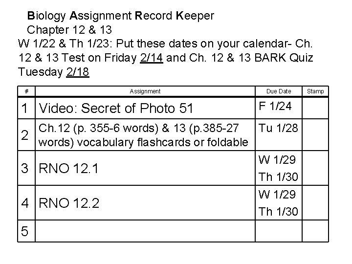 Biology Assignment Record Keeper Chapter 12 & 13 W 1/22 & Th 1/23: Put