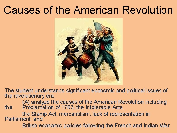 Causes of the American Revolution The student understands significant economic and political issues of